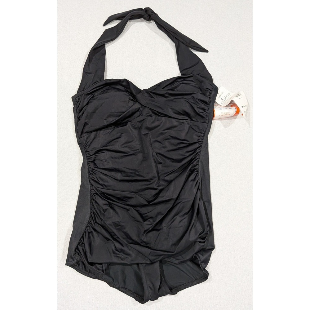 Catalina One Piece Swimsuit Women M Black NEW Tummy Control Ruched Halter